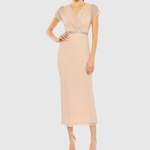Mac Duggal Pink Beaded Wrap V-Neck Cap Sleeve Dress